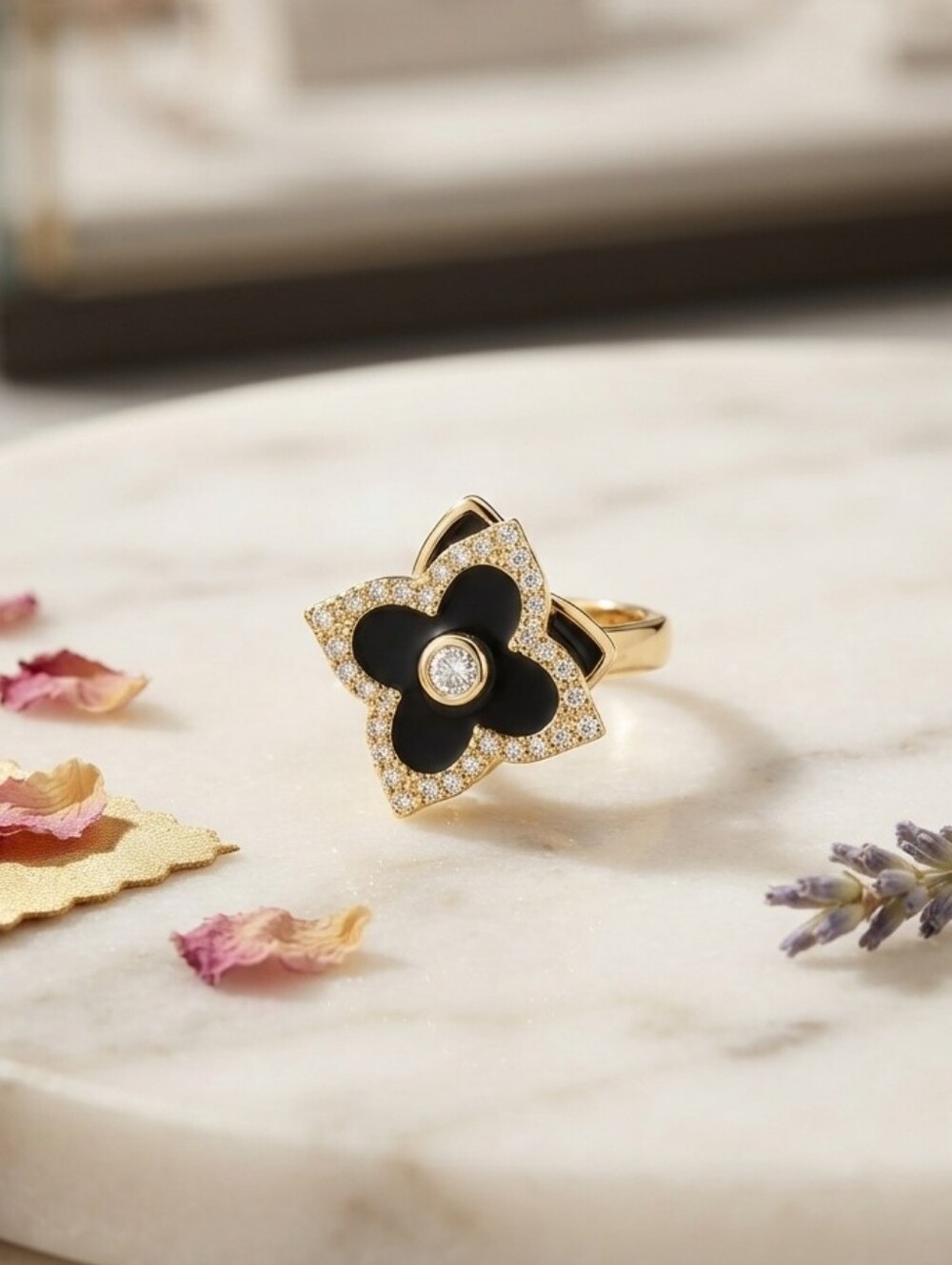 Anti Anxiety Fidget Clover CZ Adjustable Ring Gold Tone